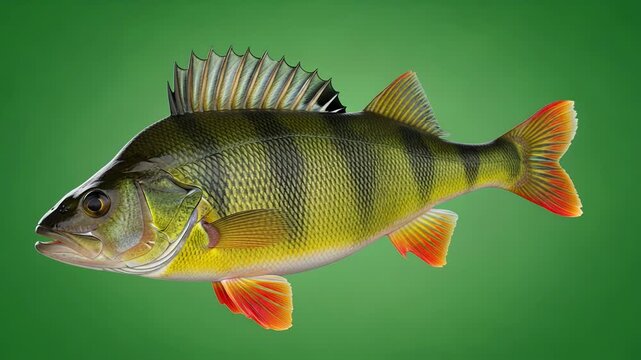 Perch swims gracefully with a raised dorsal fin in calm waters of serene lake habitat