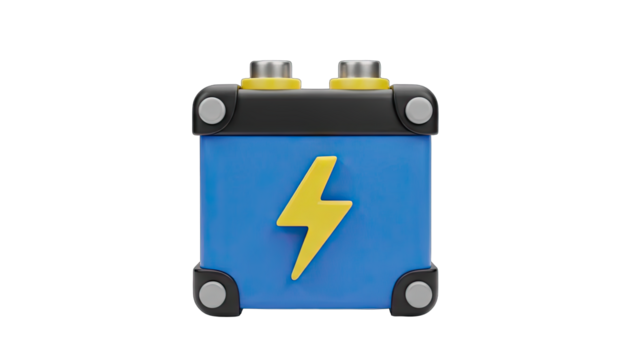 Blue Car Battery with Yellow Lightning Bolt Symbol and Black Top on Transparent Background - Powered by Adobe