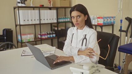 Woman doctor typing on laptop and adjusting eyeglasses with stethoscope on her neck at a clinic desk in a medical building; calm focus.