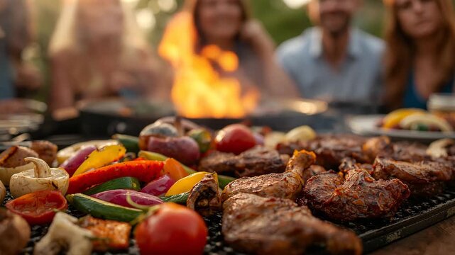 Friends grilling steak and vegetables on backyard barbecue at golden hour