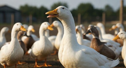 Fototapeta premium Flock of white ducks with yellow beaks, outdoor farm setting