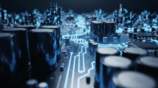 Abstract digital circuit board with glowing blue trace lines and electronic component closeup in dark setting