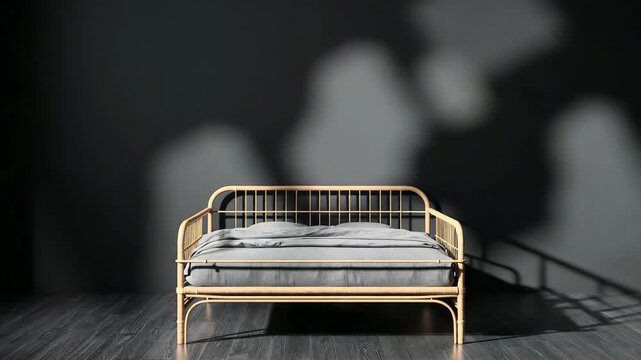 Rattan daybed bathed in moving sunlight in minimalist room