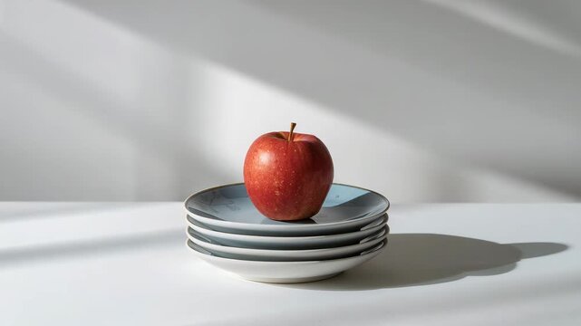 Red apple on stacked ceramic plates on minimalist table with natural light and copy space