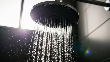 Shower Head with Flowing Water: A close-up view captures the mesmerizing sight of water cascading from a modern shower head, illustrating the pure and invigorating experience of a shower.