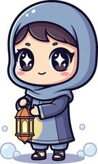 Kawaii Chibi Muslim Girl Character with Big Eyes Holding Ramadan Lantern