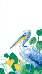 Pelican Illustration with Green Leaves and Yellow Flowers