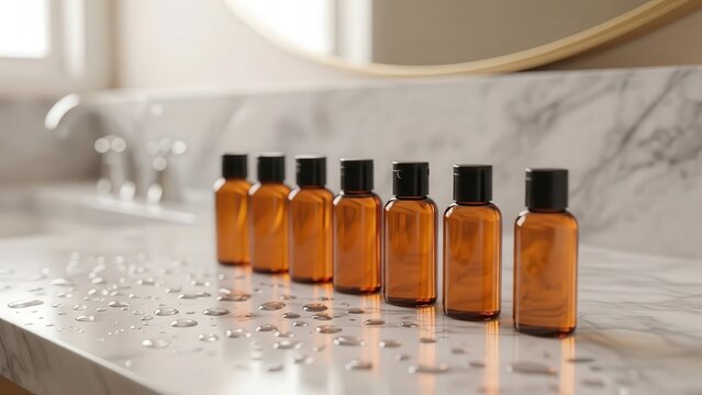 Bathroom Essentials: An elegant array of amber-colored bottles stands neatly on a marble surface in a modern bathroom setting, representing personal care. - Powered by Adobe
