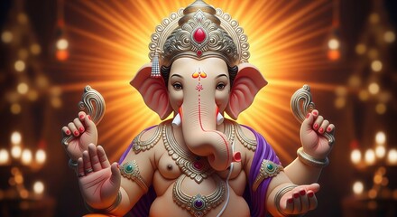 Ganesha Idol Portrait. Golden Halo Glow Spiritual 4K Wallpaper.