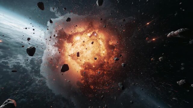 Asteroid collision exploding in space with flying debris and planet horizon