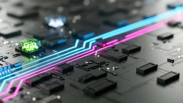 Circuit board with digital pathways and glowing elements