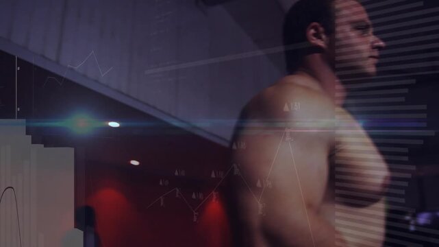 Hand adjusting treadmill controls, man running while animated fitness charts tracking performance
