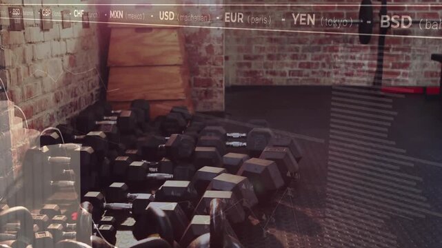 Camera pulling back revealing weights while overlay animating currency charts visualizing markets