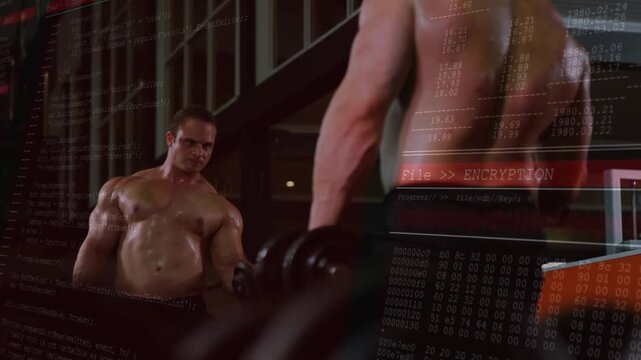 Gym lifter grabbing dumbbell causing encryption overlay across mirror while peer curling for gains