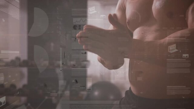 Man preparing before lift by rubbing chalk into palms in gym, with animated charts overlaying