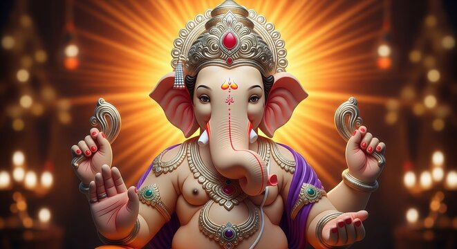 Ganesha Idol Portrait. Golden Halo Glow Spiritual 4K Wallpaper.