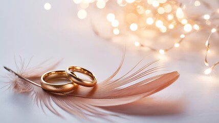 Golden wedding rings resting gently on a delicate feather illuminated by soft lights