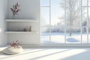 A 3D-rendered Scandinavian interior design featuring a white empty room with a shelf and a picturesque winter landscape visible through window