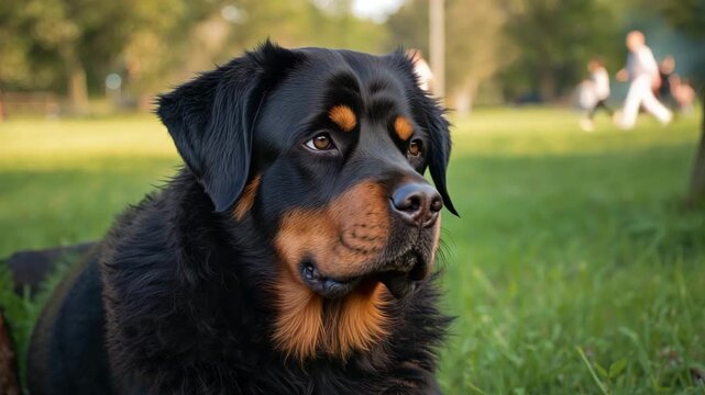 Close-up of rottweiler sitting in sunny park watching people walk by