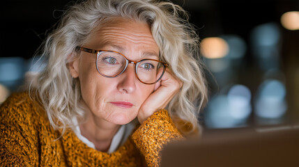 Close-up of stressed or frustrated older woman with curly gray hair and glasses leaning on hand, looking intently at screen or monitor in dimly lit home or office at night.