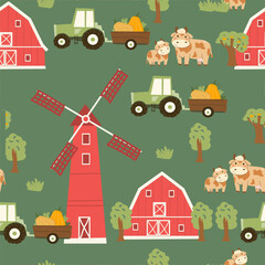 Fototapeta premium Cartoon seamless pattern with cute farm animals and farmhouses, mills, tractors with harvest and cows. Cute kids print on green background.