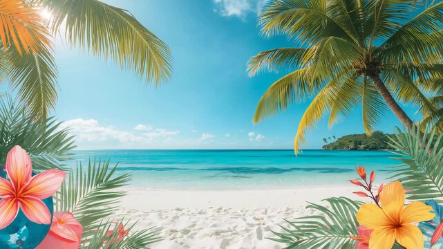Tropical beach with palm trees and hibiscus border over calm turquoise sea with copy space