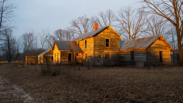 Time-lapse of abandoned farmhouse bathed in golden sunset light