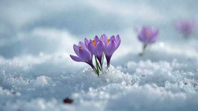 Crocus flowers blooming through melting snow close-up in early spring