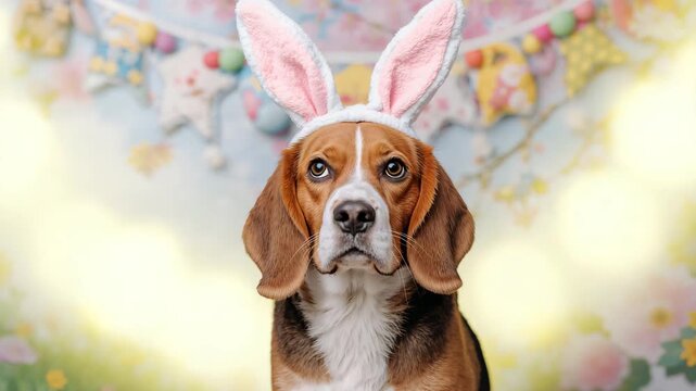 Beagle wearing bunny ears in pastel Easter studio portrait