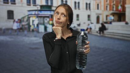 Young hispanic woman holding large water bottle on city street outdoors with hand on chin;...
