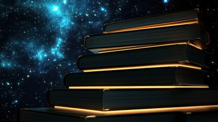 Stack of books illuminated against night sky cosmic knowledge education concept