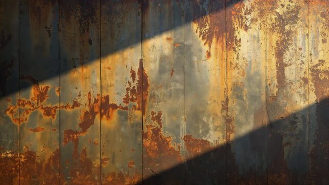 Sunlight sweeping across rusty corrugated metal wall with diagonal shadows