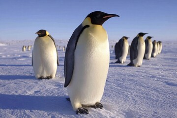 Emperor penguins standing on ice in Antarctica