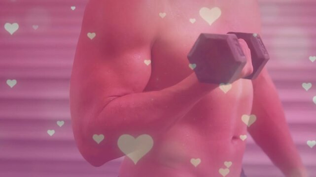 Shirtless man gripping hex dumbbell curling by pink blinds hearts floating switching for fitness