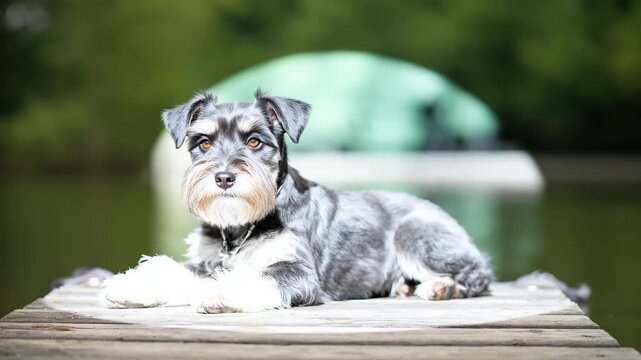 Miniature schnauzer relaxing on wooden dock by tranquil lake