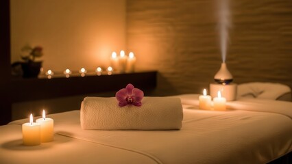 Tranquil spa scene: A serene spa environment, featuring a rolled towel adorned with a delicate orchid, bathed in the soft glow of candles, evoking relaxation and well-being.