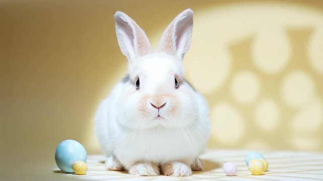 Fluffy white rabbit sitting among pastel Easter eggs in warm studio