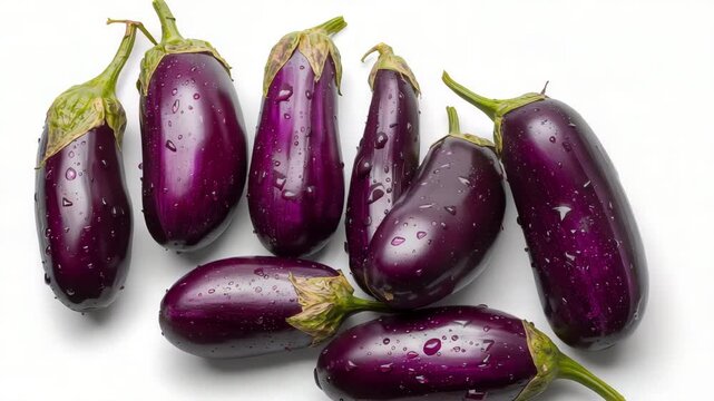Fresh purple eggplants on white background with water droplets studio flat lay