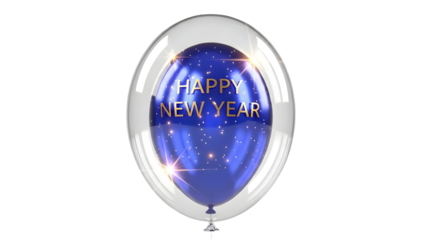 Happy new year blue balloon with gold text and starry night effect isolated on transparent background