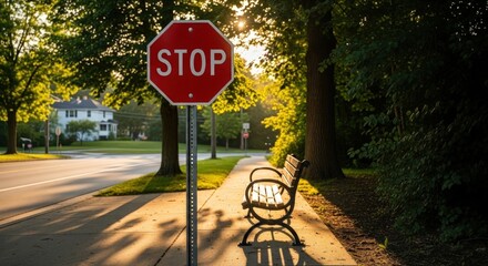 Quiet Intersection: A serene moment in a neighborhood, with a stop sign standing guard, a park bench offering rest, and sunlight filtering through the trees, creating a scene of calm and order.