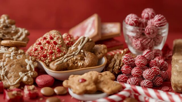 Close-up pan over festive Christmas cookies and peppermint candies on red background