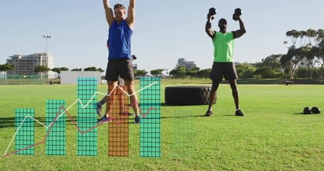 Trainer checking phone causing data bars rising while pair doing fitness squats and presses - Powered by Adobe