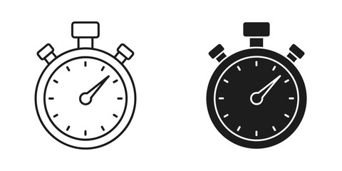 Stopwatch icon set, outline and solid silhouette, measuring time, speed, and performance isolated on