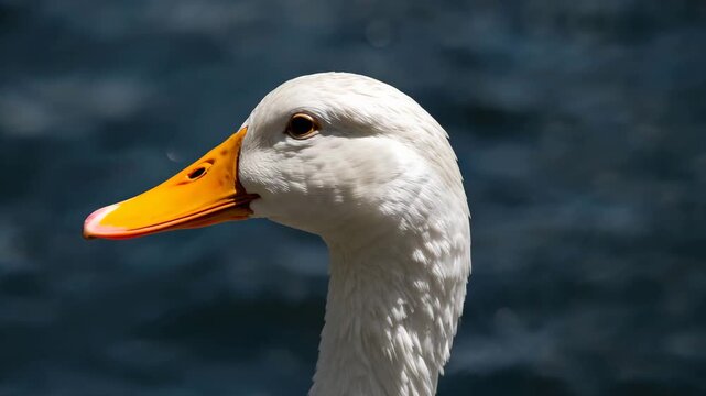 Close-up of white duck turning its head over dark pond water