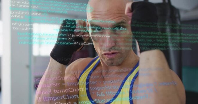 Boxer adjusting wrist wraps moving into high guard in gym training with code overlay obscuring face