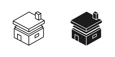 Isometric house icon outline and solid style vector graphic