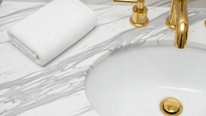 Clean Bathroom Luxury: Close-up of a luxurious bathroom vanity, featuring a folded towel, a gleaming faucet, and a pristine sink, all set against a backdrop of elegant marble.
