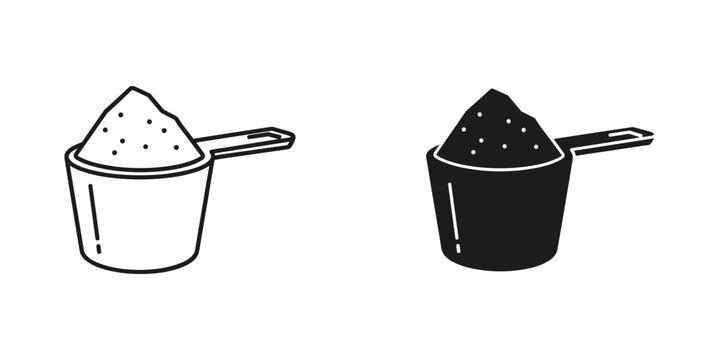 Set of two icons representing a scoop of powder, one outline and one solid fill, isolated on
