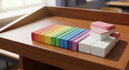 Rainbow Wooden Blocks on Wooden Surface: A vibrant display of rainbow-colored wooden blocks, meticulously arranged on a smooth wooden surface. Capturing creativity and playful learning
