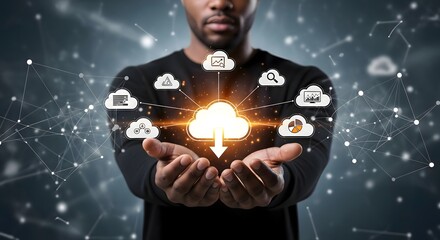 Cloud computing services and data storage solutions with secure network connection concept image